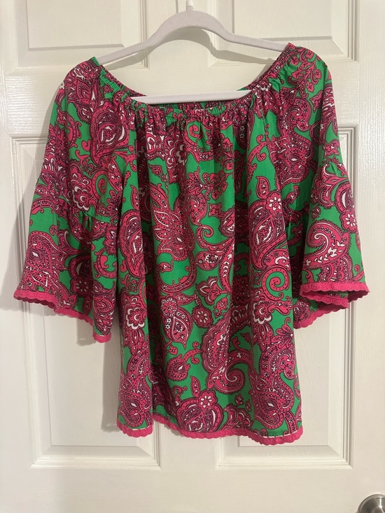 crown & ivy Tops - crown & ivy Green and Pink Paisley Off-Shoulder Blouse